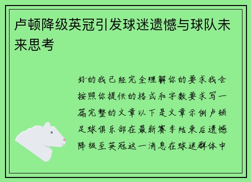 卢顿降级英冠引发球迷遗憾与球队未来思考 卢顿降级英冠引发球迷遗憾与球队未来思考