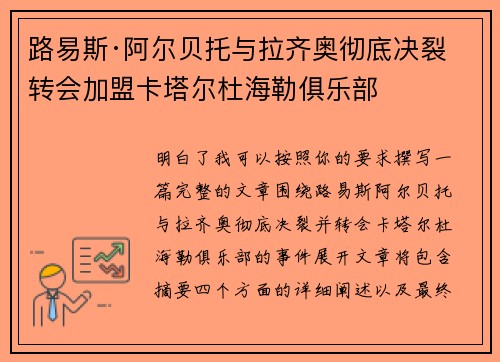 路易斯·阿尔贝托与拉齐奥彻底决裂 转会加盟卡塔尔杜海勒俱乐部
